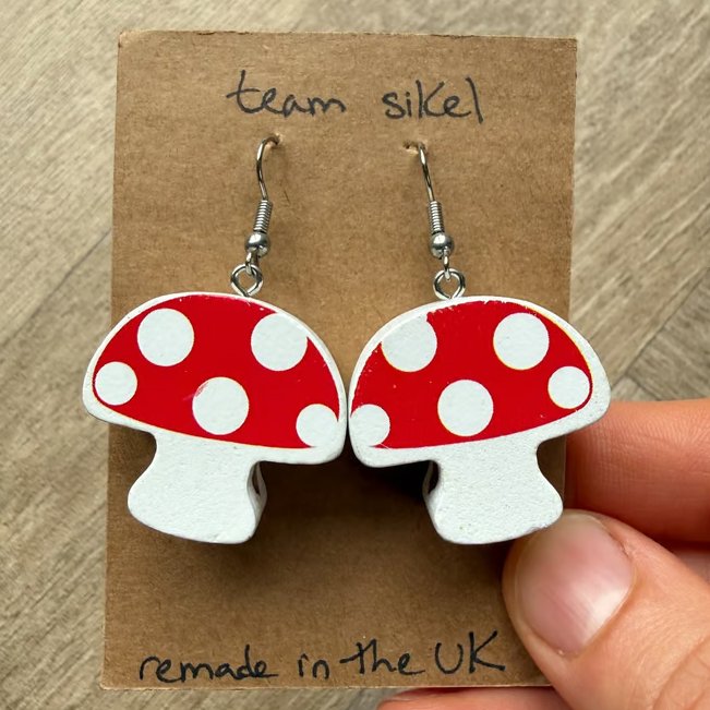 Toadstool Earrings - Statement Chunky Wooden Mushrooms Upcycled from Toys