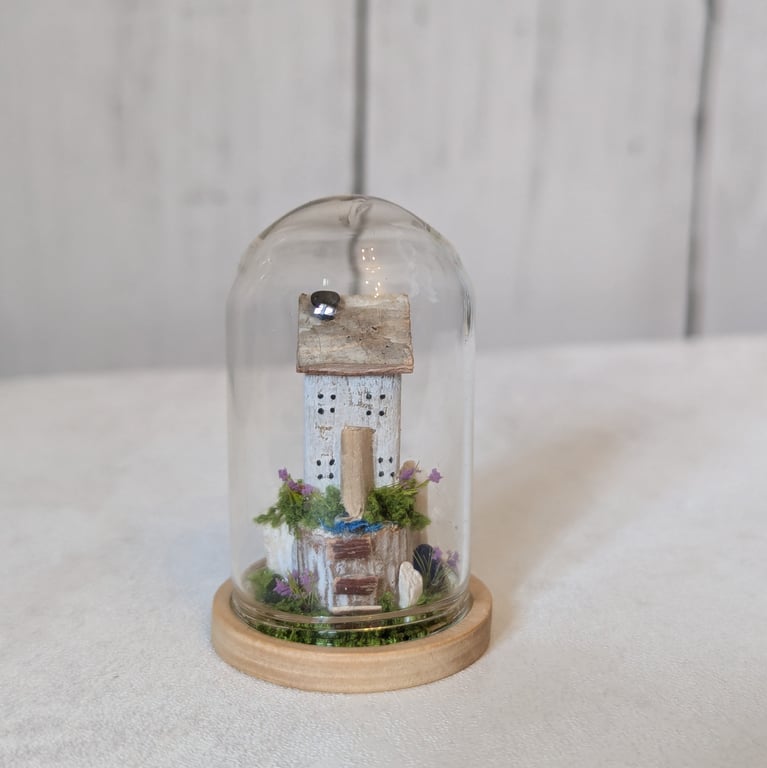 Coast Cottage Cloche - Miniature Glass Coastal Diorama Cloche Home Decor 