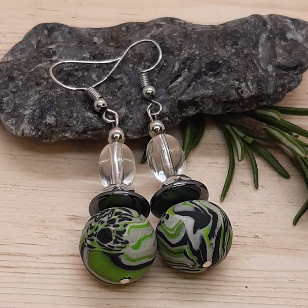  Dangly polymer clay earrings in dark green, black and grey swirl