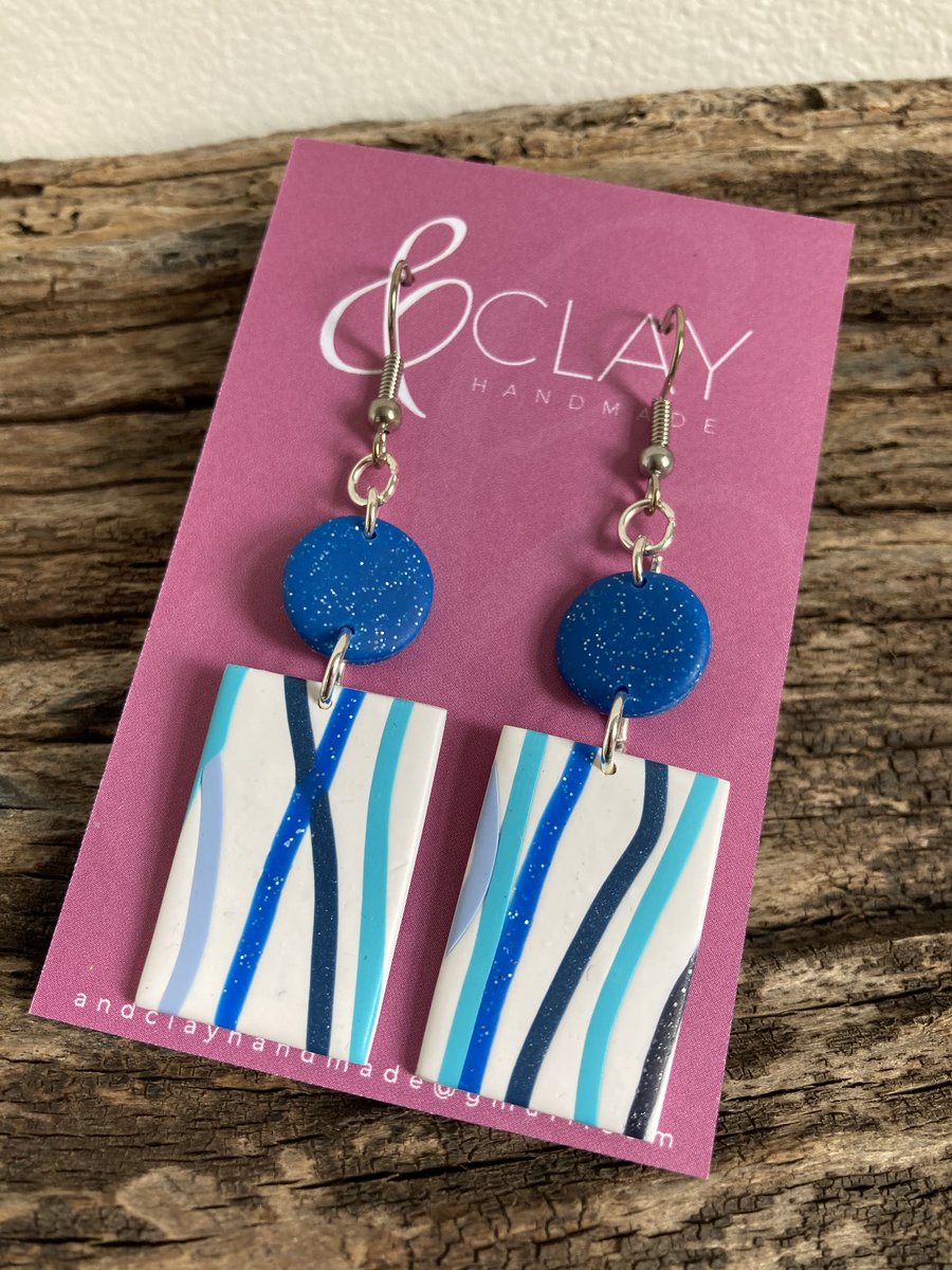 Blue Stripes Rectangular Hook Earring