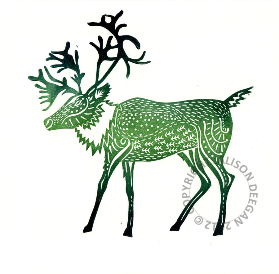 Original lino cut print "Caribou - Northern Lights"