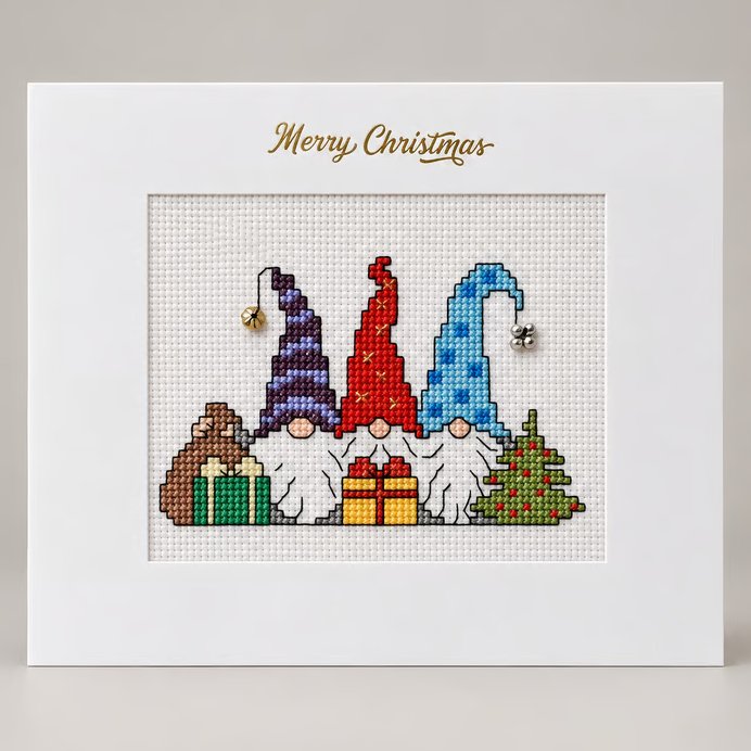 Handmade Cross-Stitch Christmas Card – Three Festive Gonks