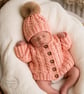 Hand Knitted Newborn Baby Coming Home Set –  Girls Peach Cardigan Hat & Mittens - Image 2