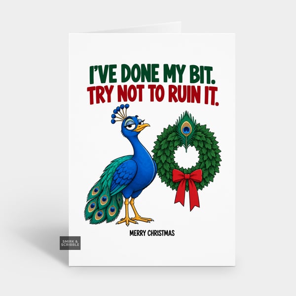Funny Christmas Card For Him Or Her - Peacock Wreath