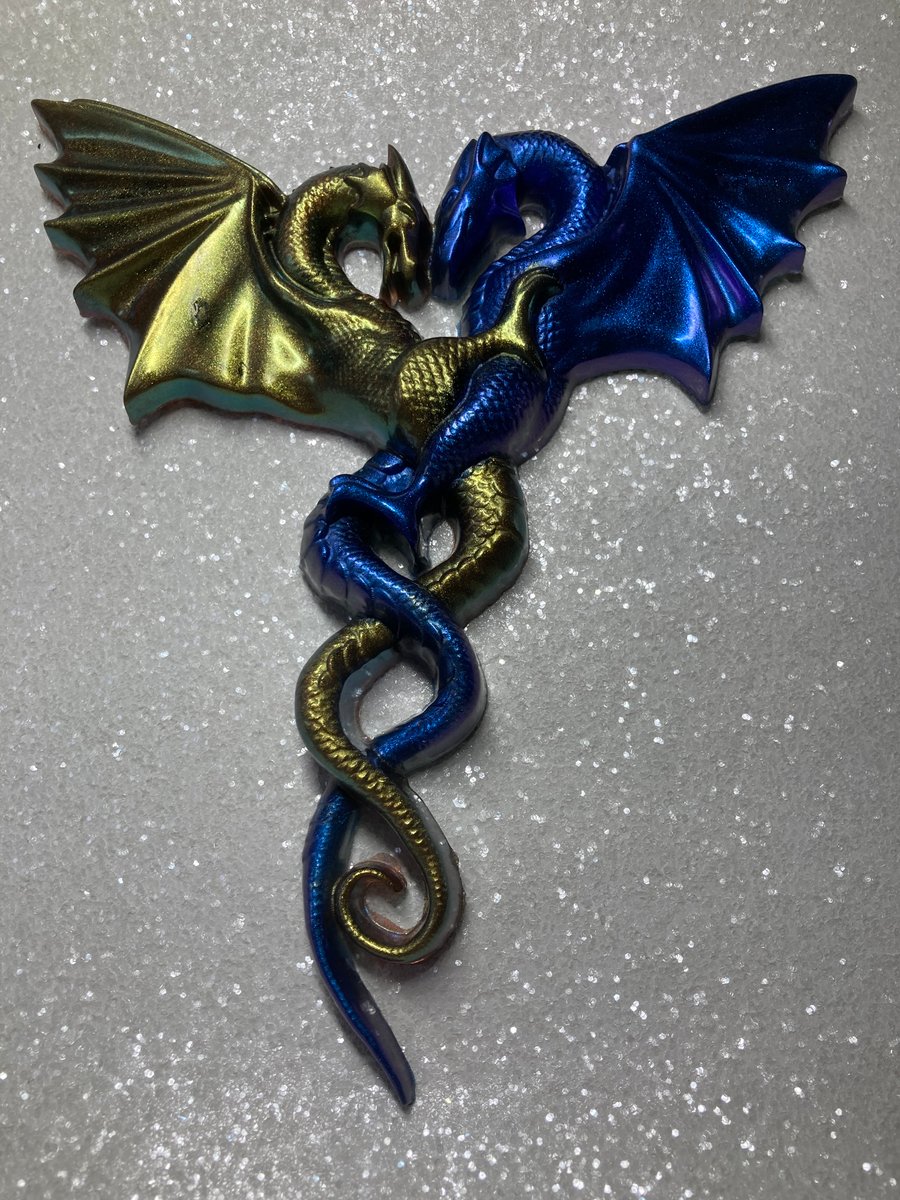 Purple Blue & Gold Green  Entwined Resin Dragons Fridge Magnet