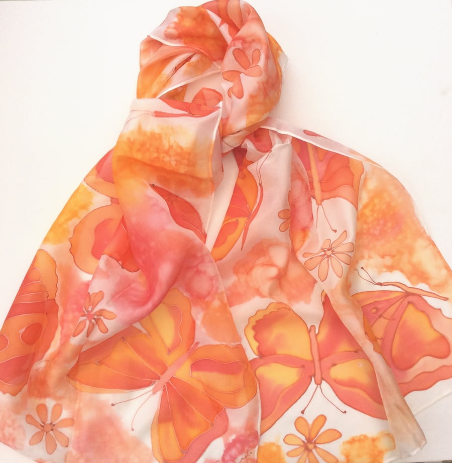 Orange Butterfly hand painted silk scarf