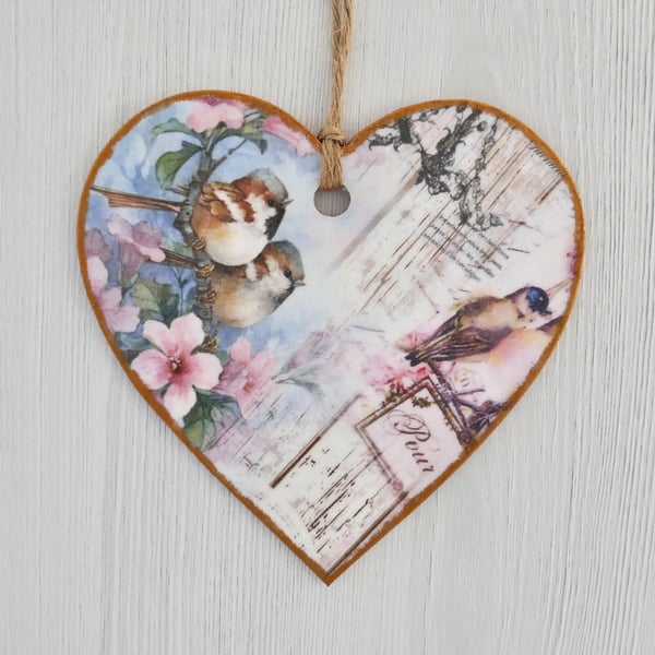 Decoupaged Wooden Hanging Heart 15cm (6”): Birds and Flowers design