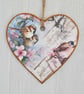 Decoupaged Wooden Hanging Heart 15cm (6”): Birds and Flowers design