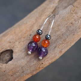 Silver drop earrings, Sterling silver amethyst carnelian drop earrings