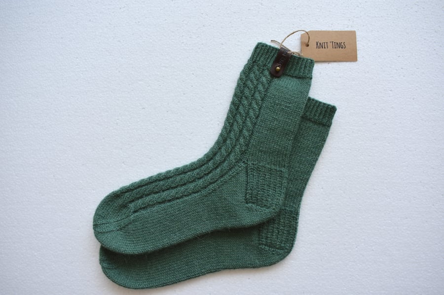 Hand knitted alpaca-wool blend socks. Soft warm cable knit green socks.