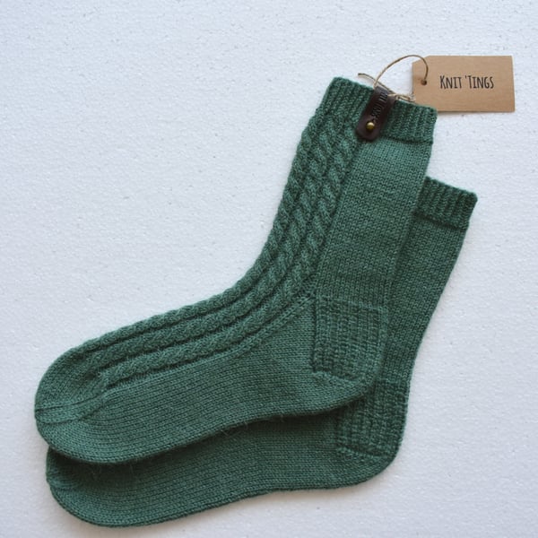 Hand knitted alpaca-wool blend socks. Soft warm cable knit green socks.