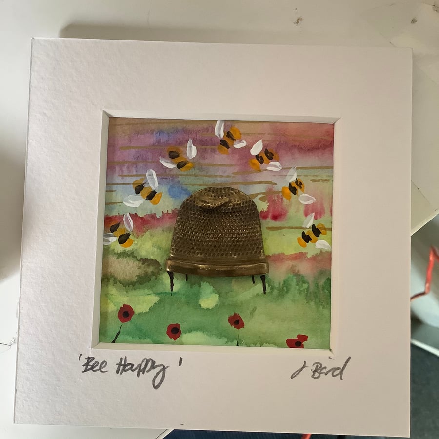 Bee happy. Mixed media wall art. Picture, bees, wildlife. Happiness spring 