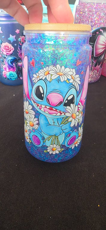 Handmade Stitch no flow snowglobe Tumbler, with straw and bamboo lid