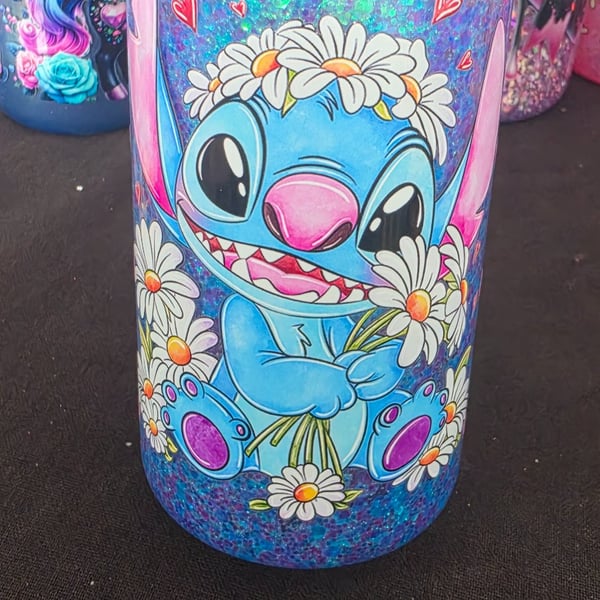 Handmade Stitch no flow snowglobe Tumbler, with straw and bamboo lid