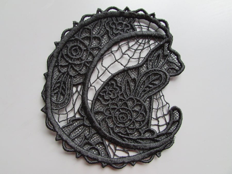 Embroidered Cat on Moon Lace Applique 2 sizes to choose and available in any col