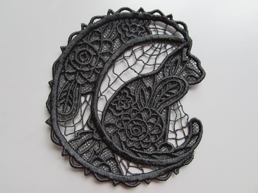 Embroidered Cat on Moon Lace Applique 2 sizes to choose and available in any col