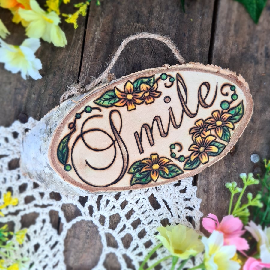 Pyrography wood plaque 'Smile'