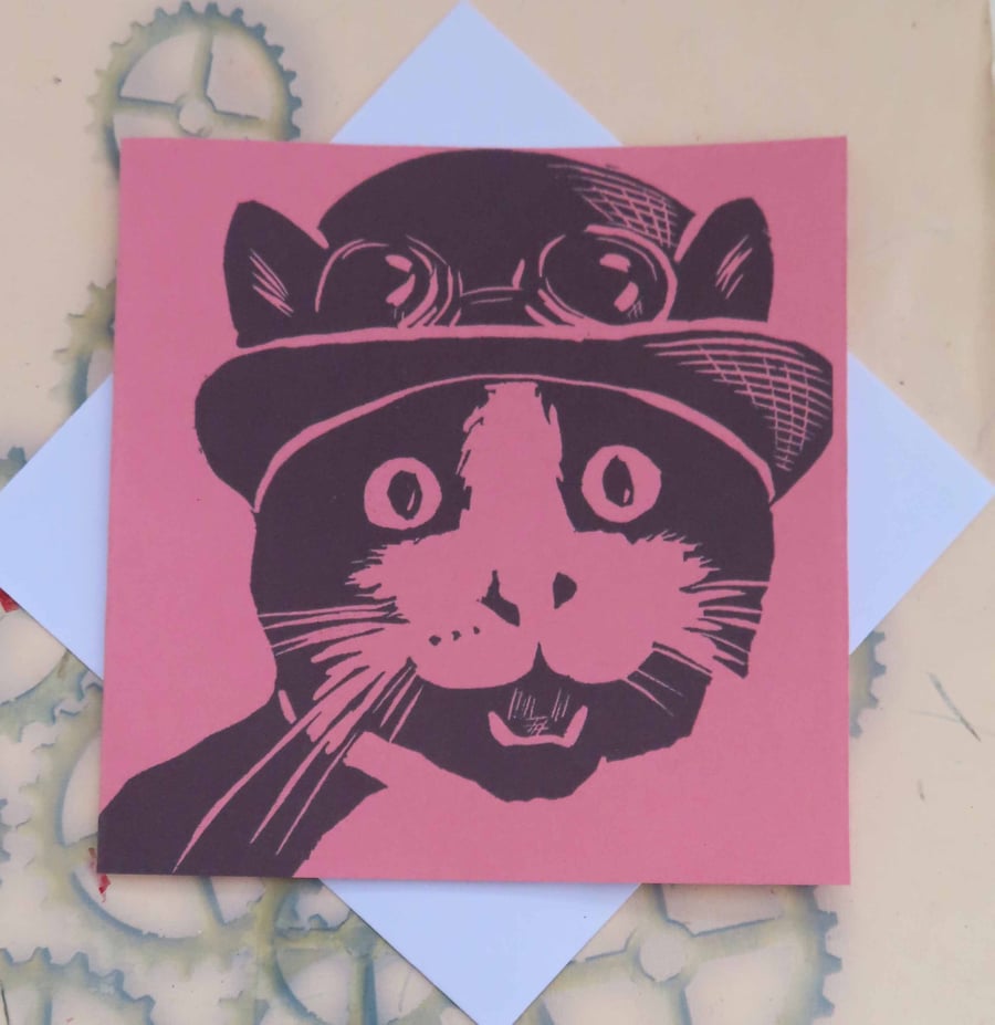 Steampunk Cat Art Greeting Card From Original Lino Cut Print Pink