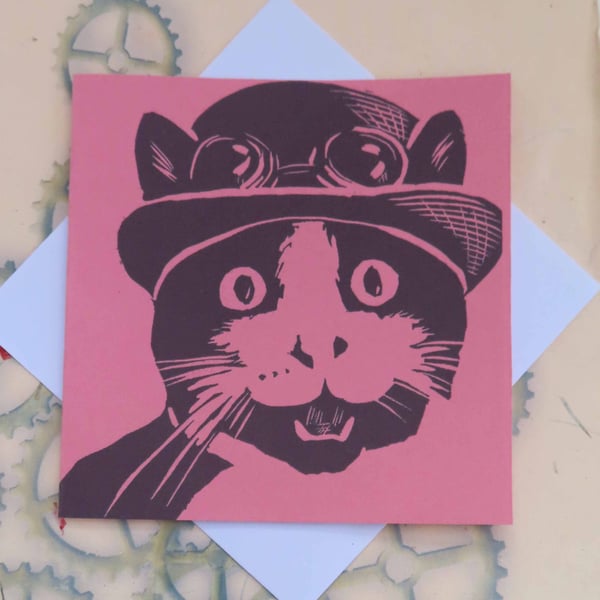 Steampunk Cat Art Greeting Card From Original Lino Cut Print Pink