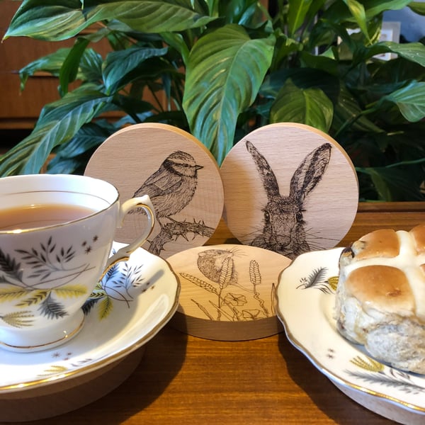 Set of 4 solid beech wood coasters laser engraved with original wildlife artwork