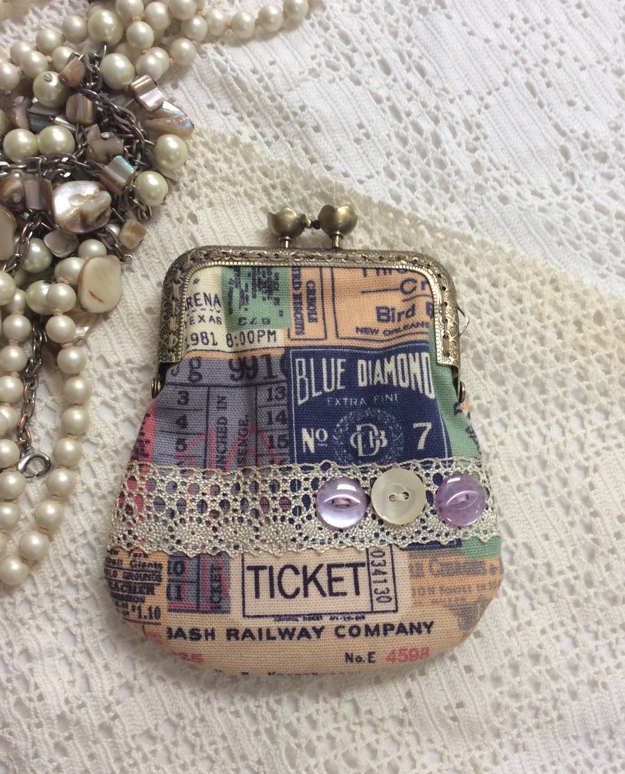 Vintage inspired purse  ticket themed fabric with vintage lace and buttons