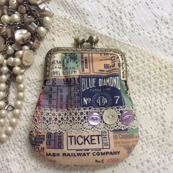 Vintage inspired purse  ticket themed fabric with vintage lace and buttons