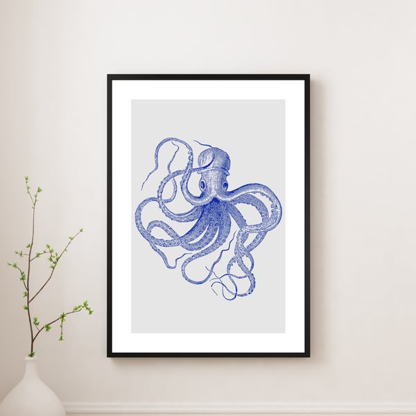Blue Octopus Print, Nautical Home Decor