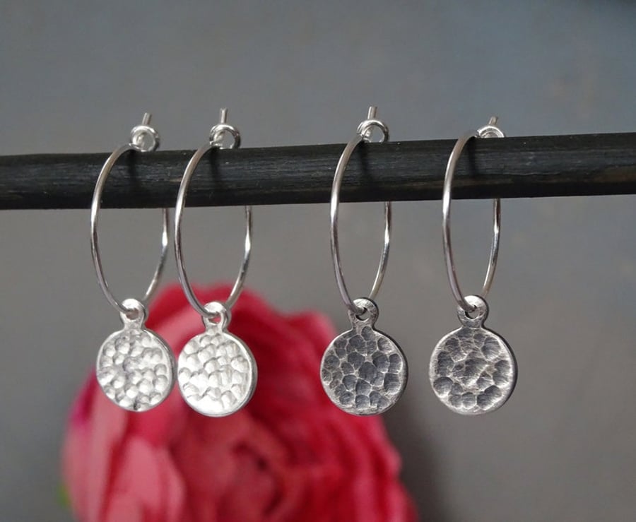 Small sterling silver hammered hoop earrings