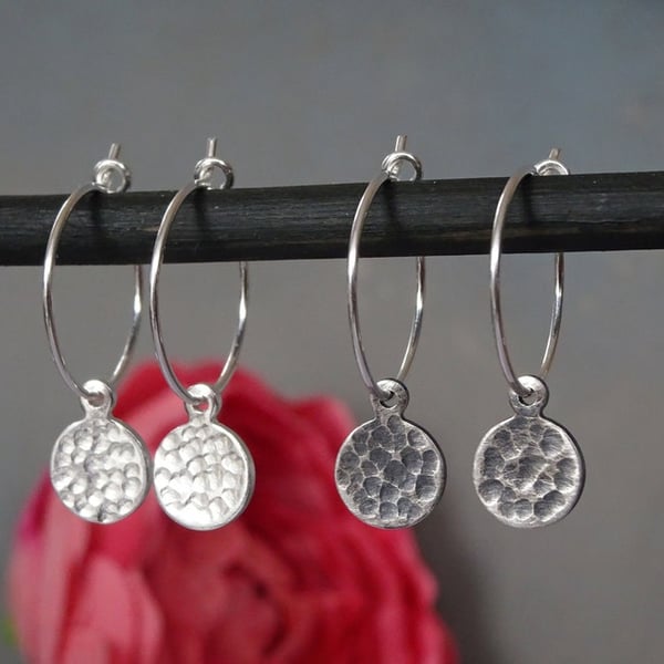 Small sterling silver hammered hoop earrings