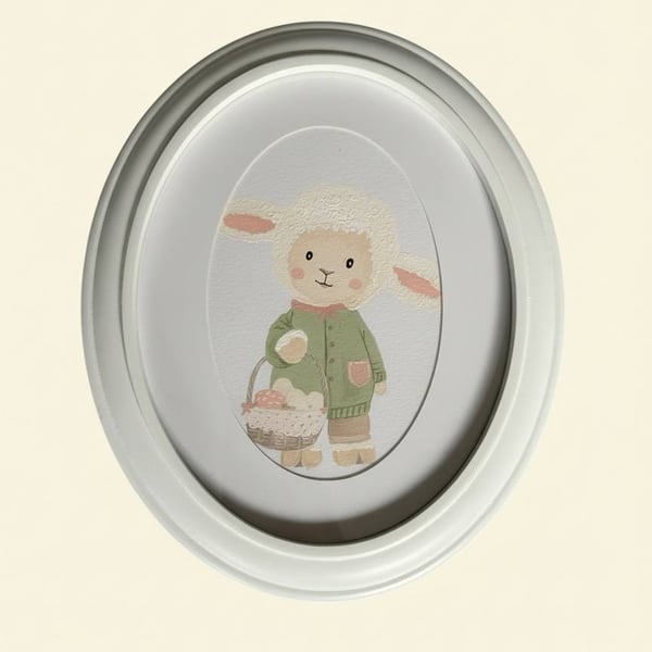 Hand-Painted Lamb Nursery Wall Art, Framed Acrylic Sheep Painting for baby room