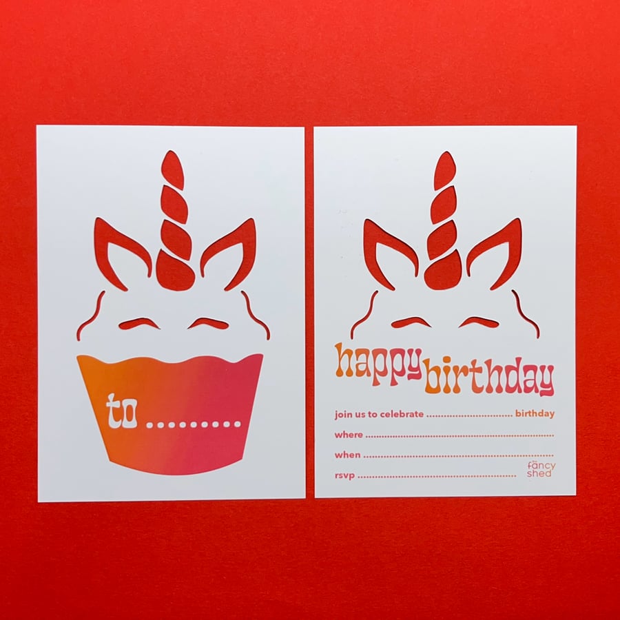 Pack of 8, Unicorn Cupcake Birthday Party Invitation