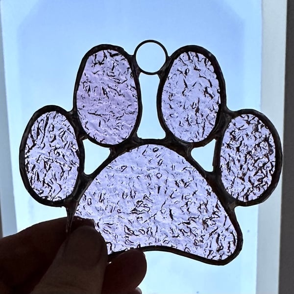 Stained Glass Dog Paw Print Suncatcher - Hanging Window Decoration  - Pink