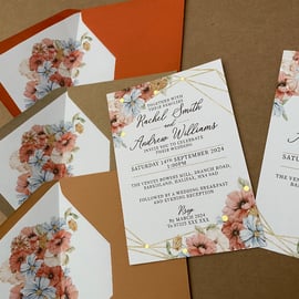 Blush pink, blue, coral flowers WEDDING INVITATIONS geometric gold frame invites