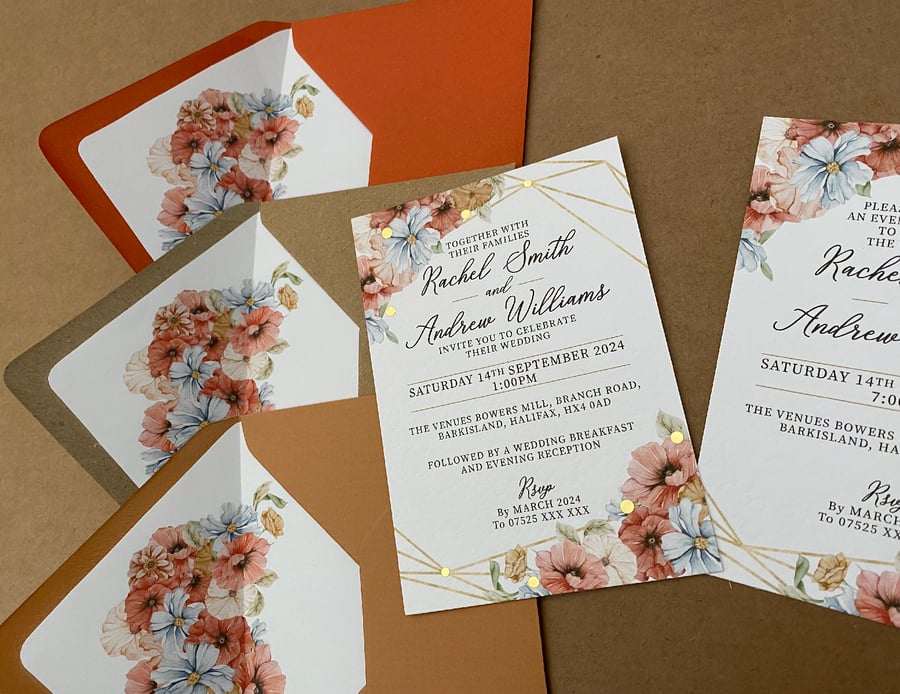 Blush pink, blue, coral flowers WEDDING INVITATIONS geometric gold frame invites