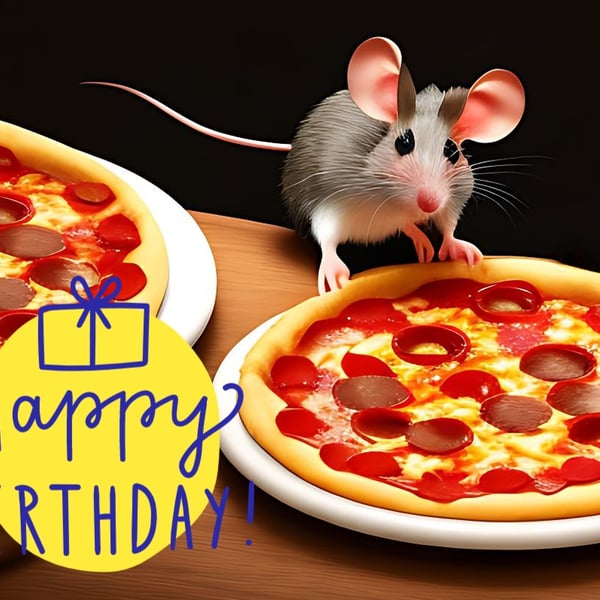 Happy Birthday Mouse & Pizza Card A5