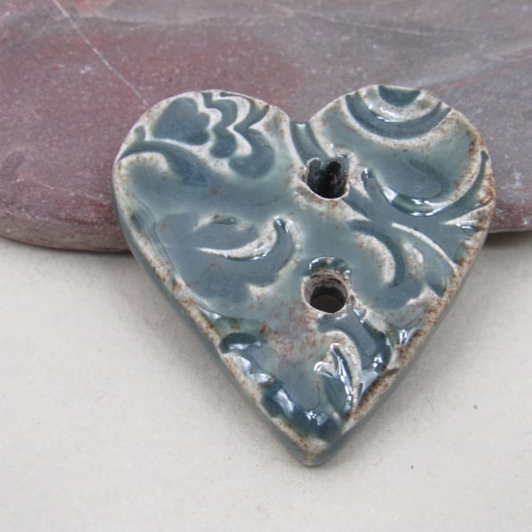 Medium Green Sedge Brocade Texture Heart Shaped Ceramic Button