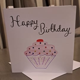 HAPPY BIRTHDAY CUPCAKE BLANK CARD, hand sparkled, hand made, cupcake
