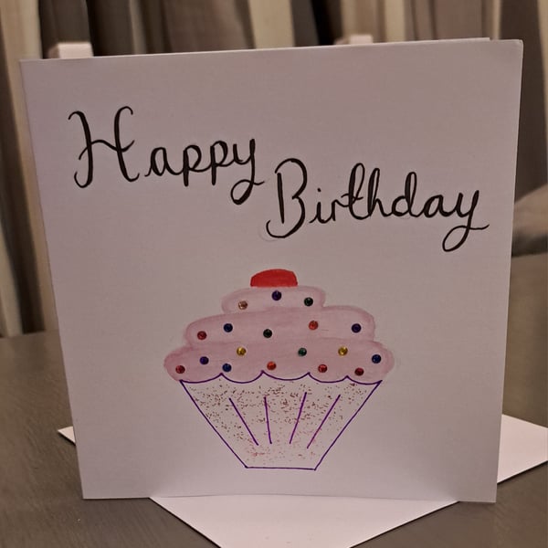 HAPPY BIRTHDAY CUPCAKE BLANK CARD, hand sparkled, hand made, cupcake