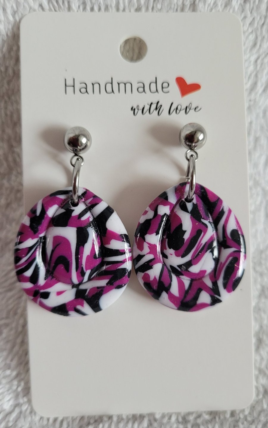 Image of Handmade Polymer Clay Purple, Black and White Earrings. 316 Stainless Steel