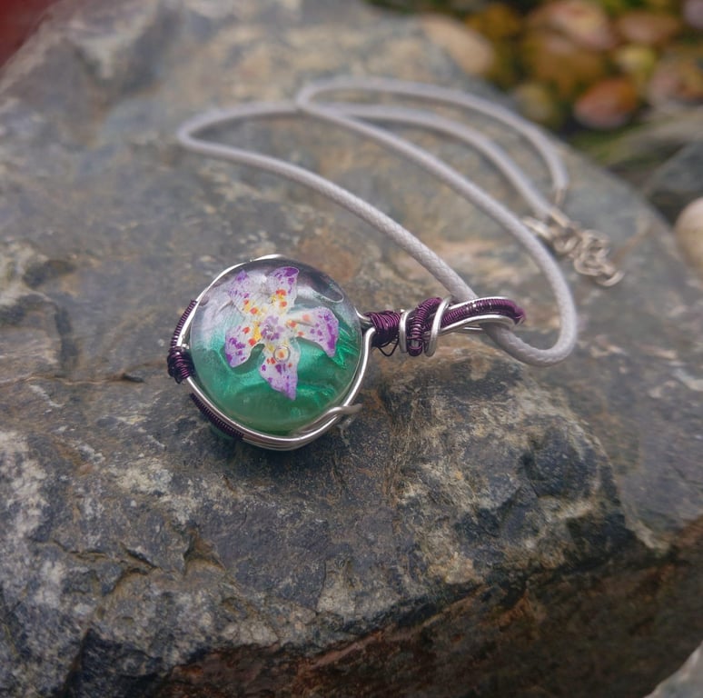Purple Lilly in Grass Spherical Pendant Necklace