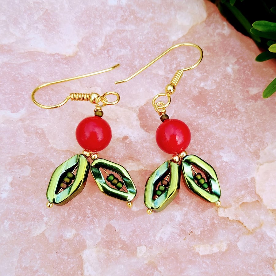 Red Shell Pearl & Green Hematite Holly Christmas Earrings: Leaf & Berry Earrings