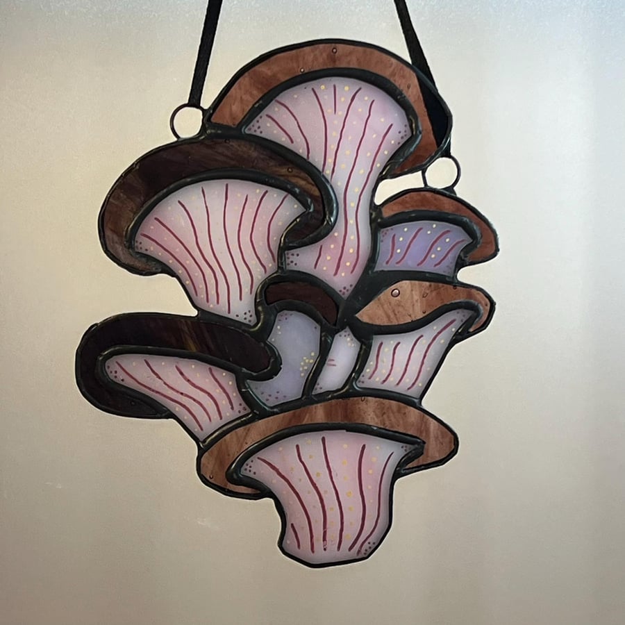 Stained Glass Oyster Mushroom Suncatcher, Glass Art, Fungi, Nature