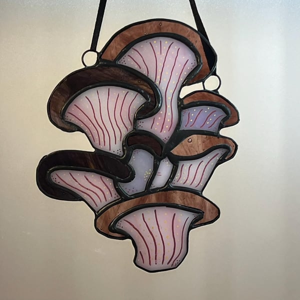 Stained Glass Oyster Mushroom Suncatcher, Glass Art, Fungi, Nature
