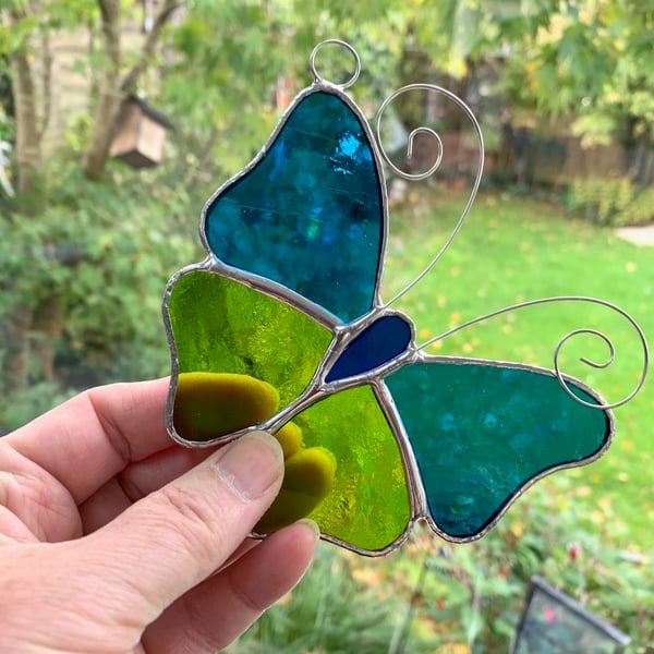 Stained Glass Butterfly Suncatcher - Handmade Decoration - Turquoise and Lime