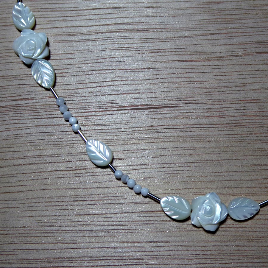  Sterling Silver & Mother of Pearl Leaves & Rose Necklace