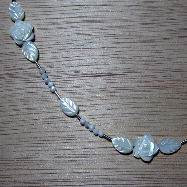  Sterling Silver & Mother of Pearl Leaves & Rose Necklace