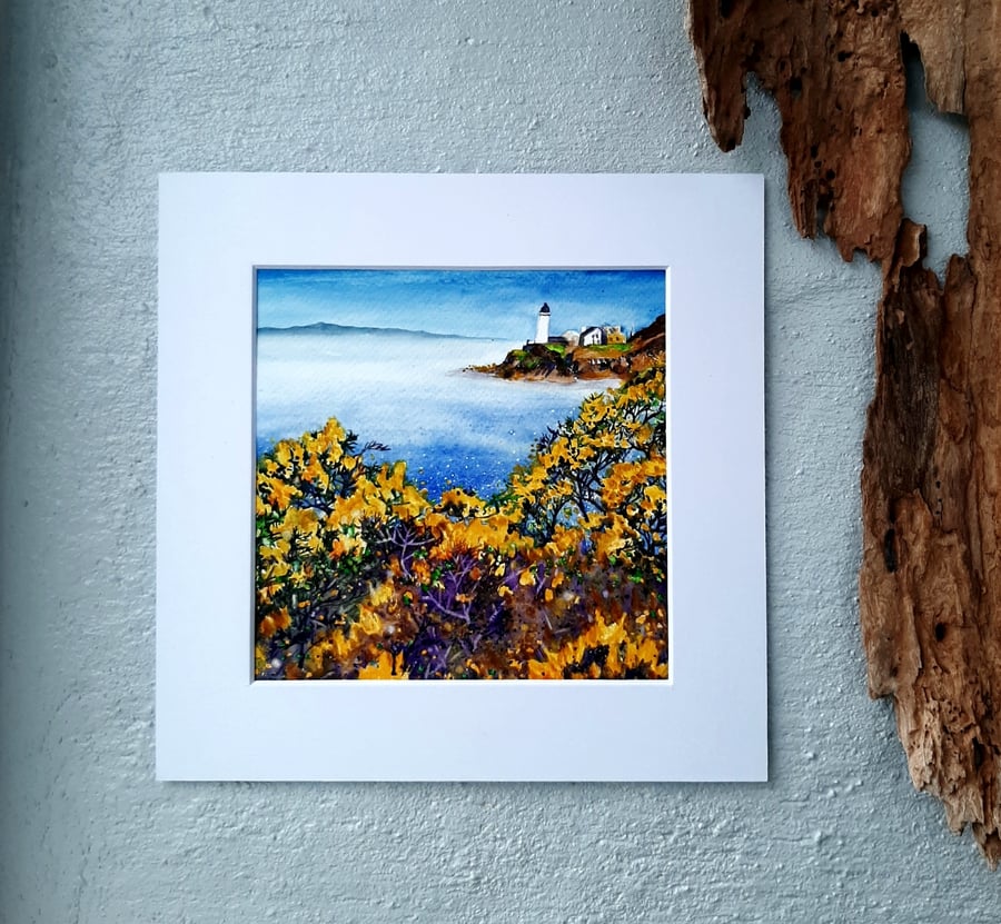 Gorse And Davaar Island. Original Watercolour Wall Art Painting. Scottish Island