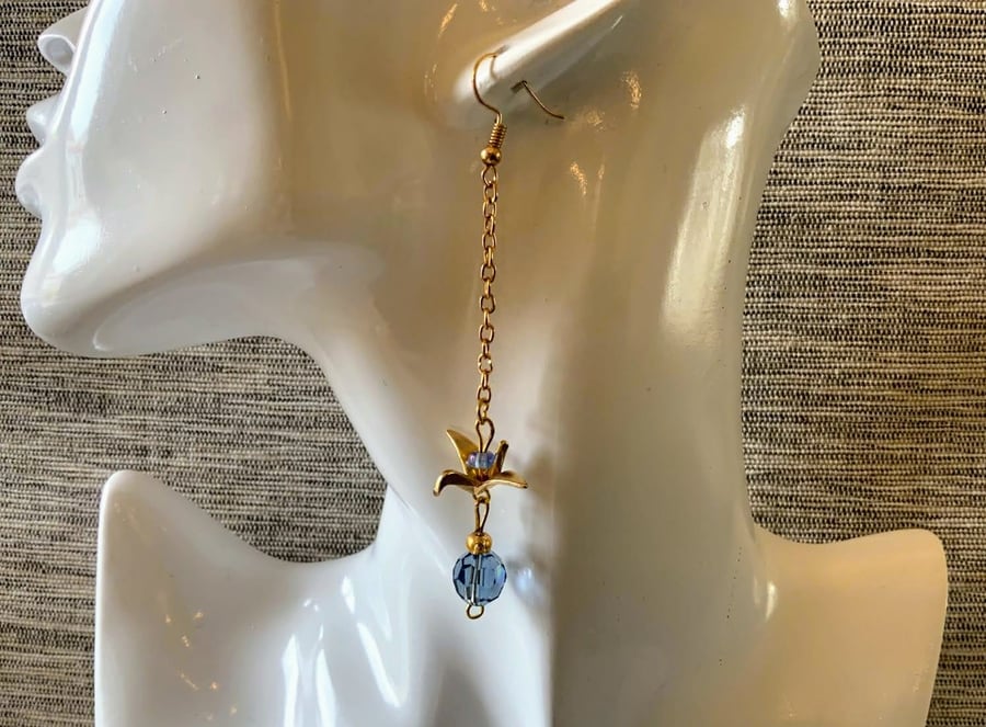 Gold origami crane bird earring