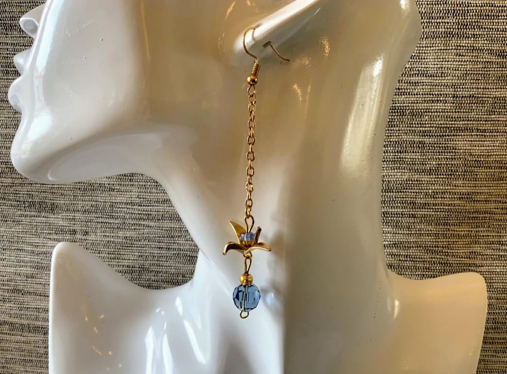 Gold origami crane bird earring