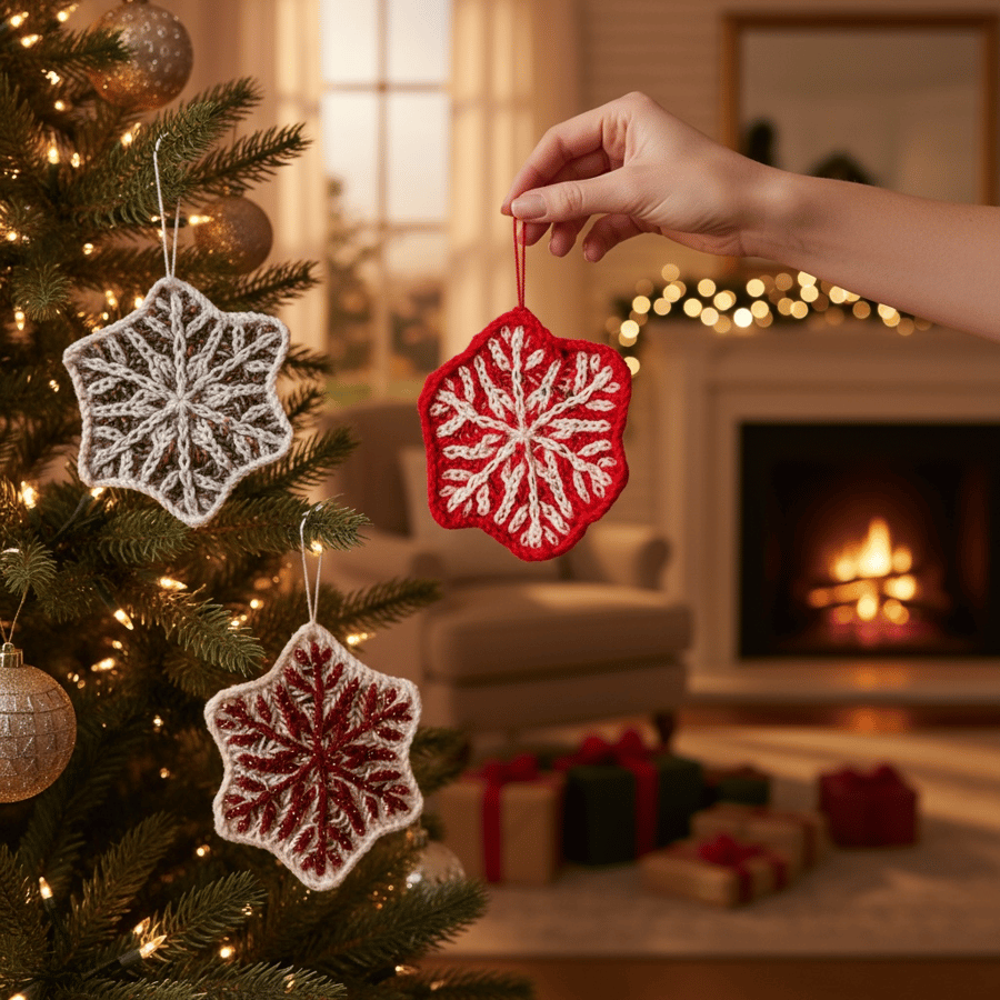 Set of 3 knitted Christmas snowflake decorations in red